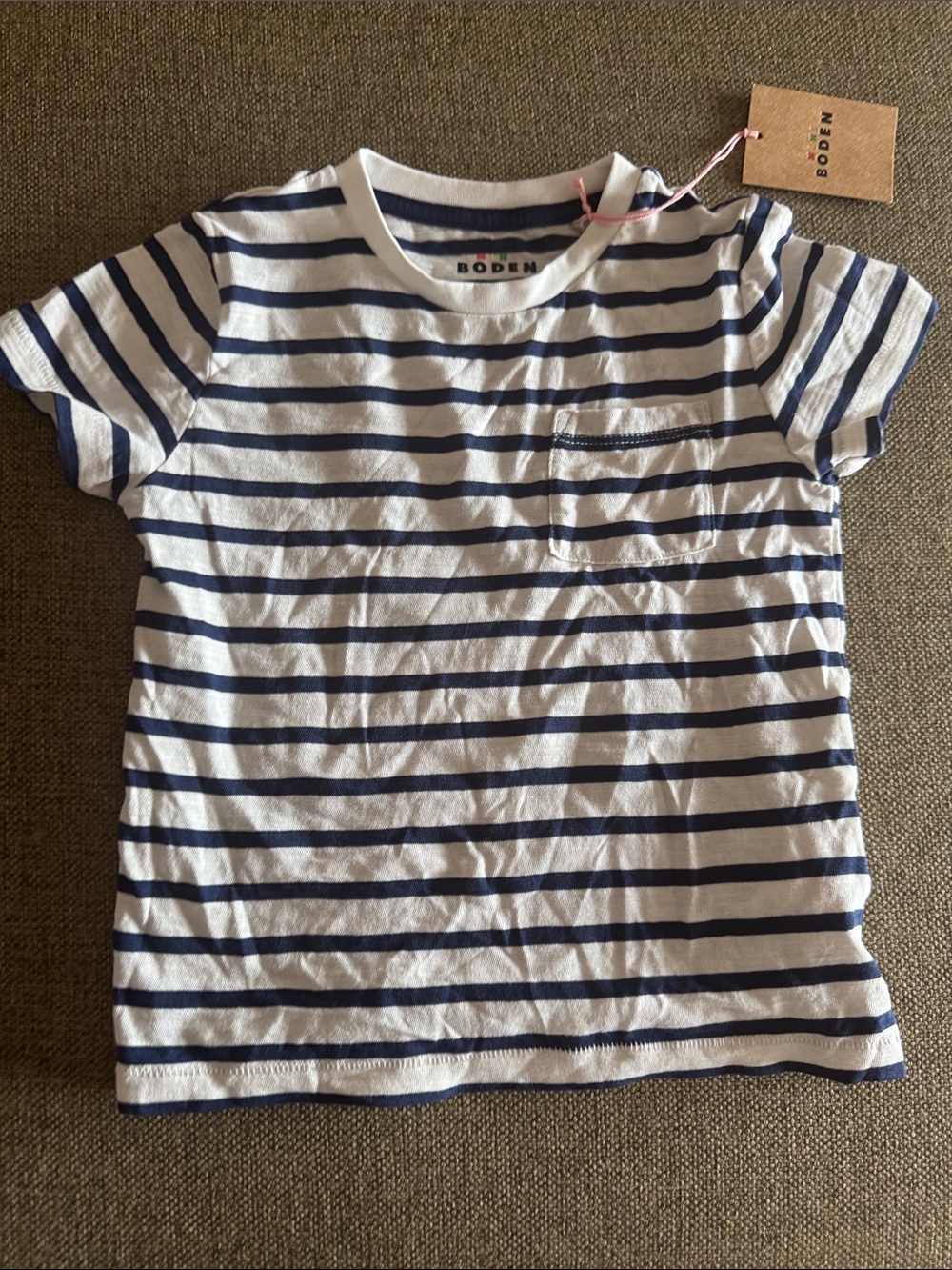 Mini Boden 2T/3T White and Navy Striped Short Sleeve Tee with Pocket NWOT